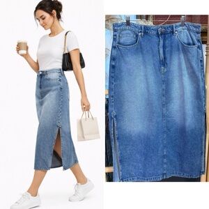 Rebecca Minkoff RM Denim Midi Skirt Side Slit Minimalist 90s Inspired Sz 14 💚🍄